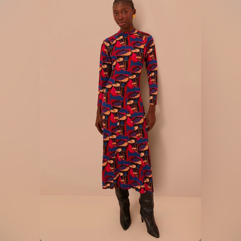 Farm Rio Wild Mushrooms Black Jersey Midi Dress - Picture 3 of 8